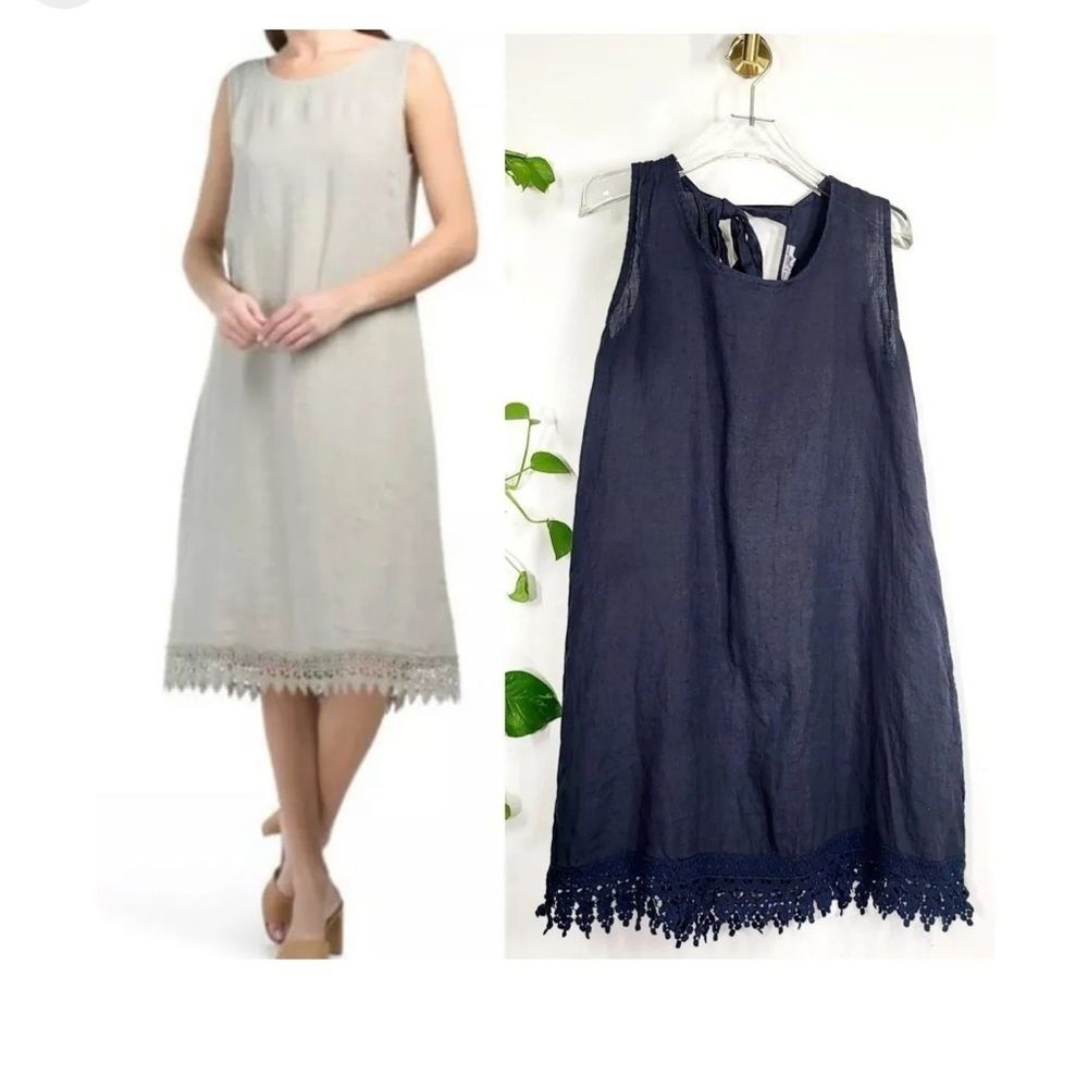 ROSEMARINE 100% Linen Navy Shift summer Dress Boho chic classic Lace Italy SZ SM